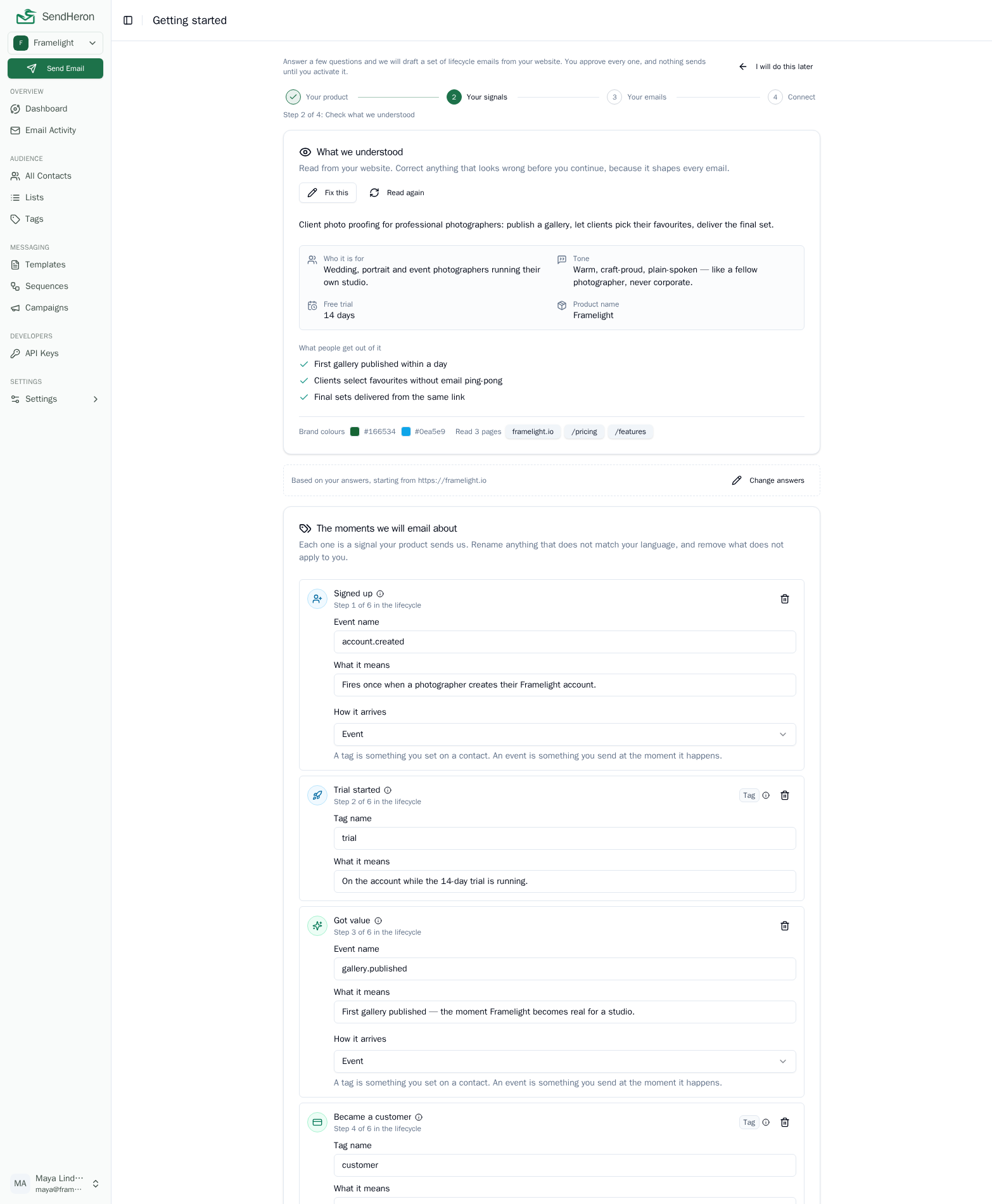 The AI setup wizard's schema review step: what SendHeron understood from the website it read, and the proposed tags and events, each with an editable name and meaning.