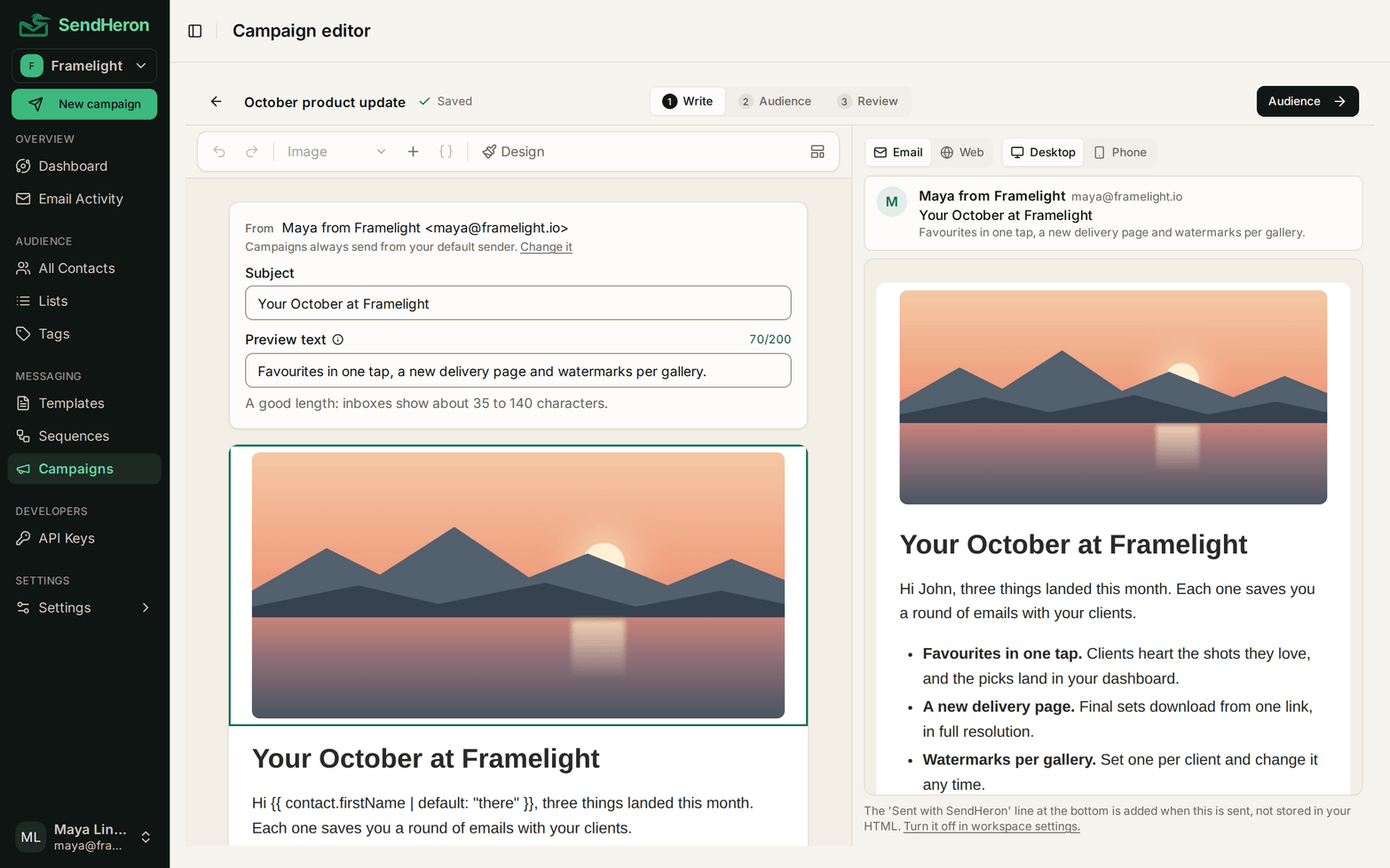 A campaign in the editor: the From line, subject and preview text above the email, and the Email preview beside it with the inbox line.