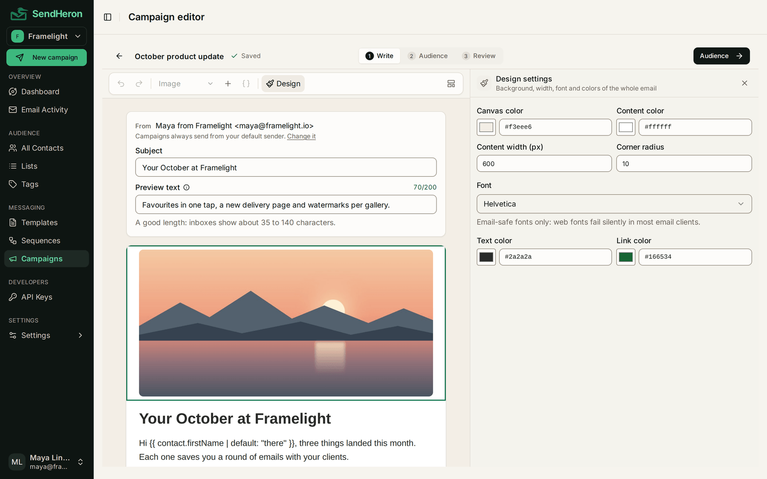 Design settings for the whole email: colors, width, corner radius and font.