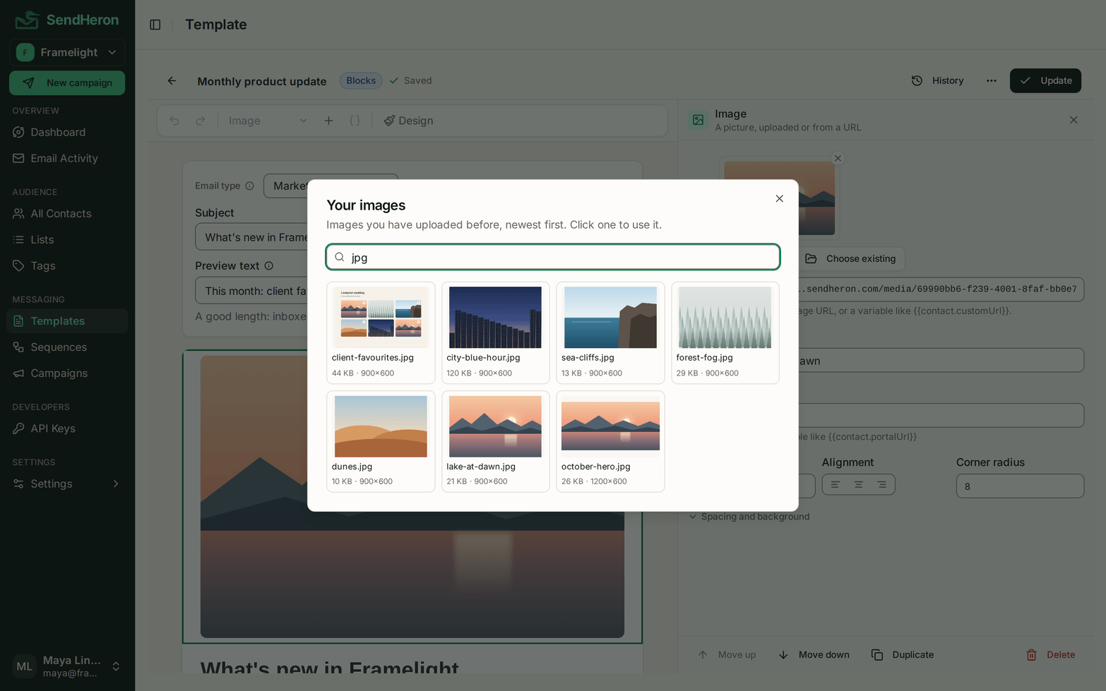 The media library: uploaded images with their size and dimensions, filtered by the search field.