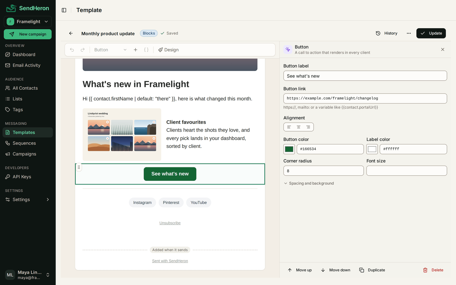 The SendHeron template editor: the email written in place, the button block selected and its settings open beside it.